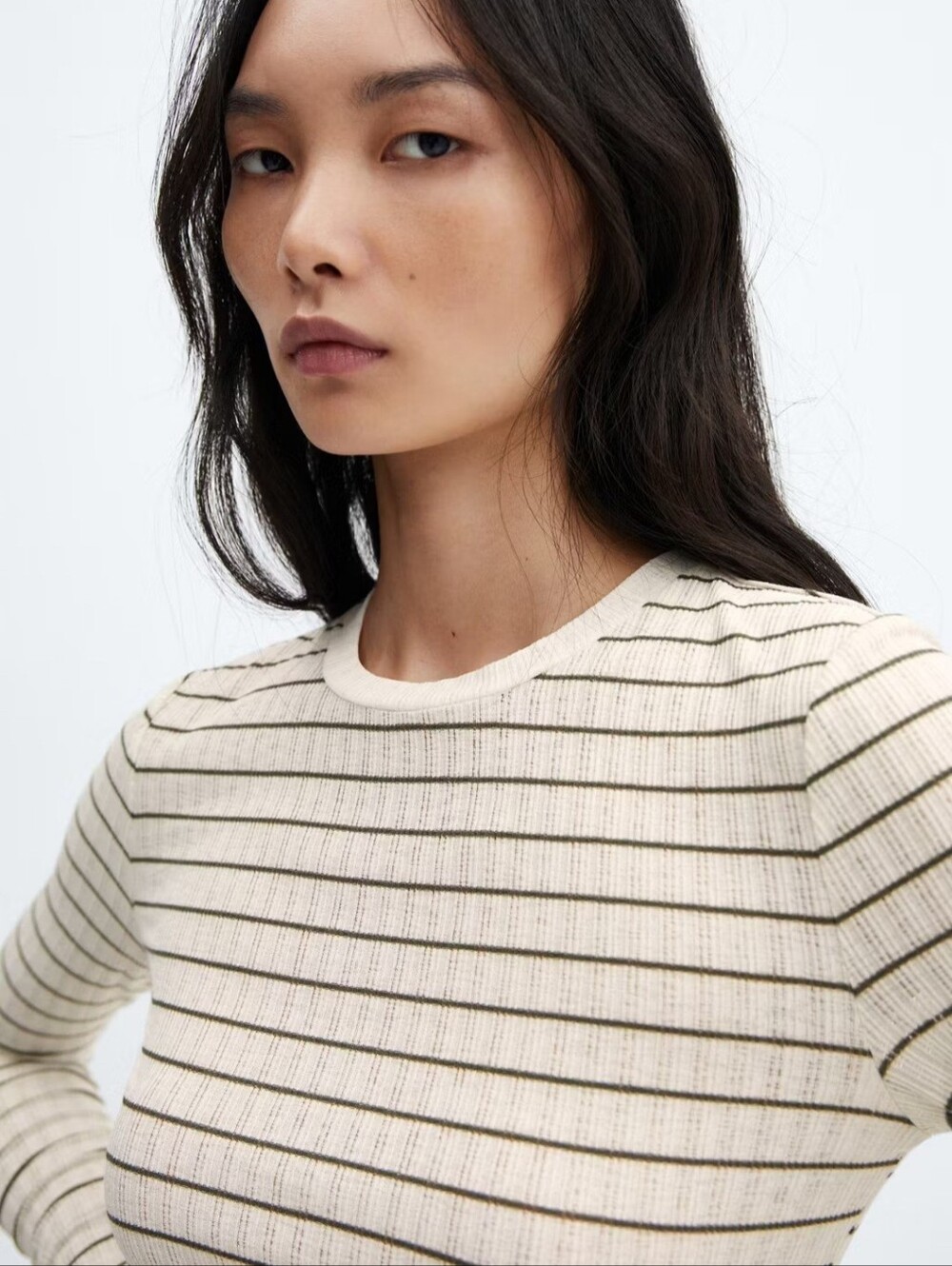 Mango Cream Ribbed Top with Black Stripes